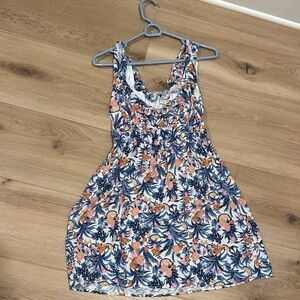 Line & Dot White Floral Mini Dress with Navy and Coral Accents